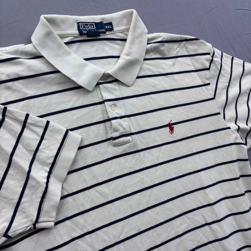 Polo Ralph Lauren Mens XXL Cream Navy Blue Striped Cotton Pique Polo Shirt